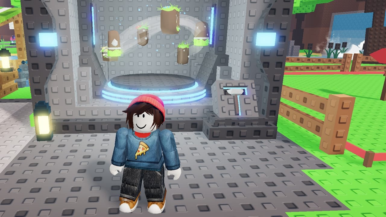 Roblox avatar standing in front of the glowing stone crafter in Build A Golem, with dirt golem parts orbiting the platform.