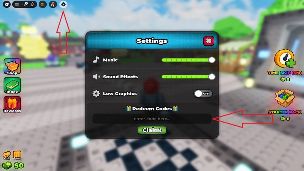 Build A Golem Settings menu showing Music, Sound Effects, Low Graphics, and the Redeem Codes box with a Claim button.